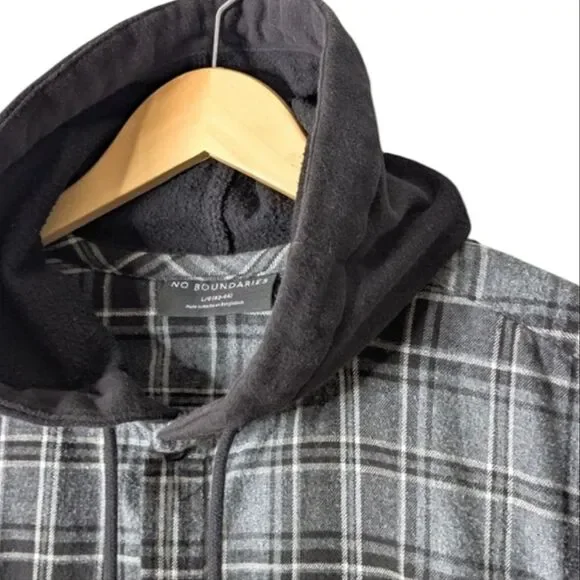 No Boundaries Hooded 100% Cotton Gray Black Plaid Long Sleeve Shacket 42-44 L - Picture 4 of 9